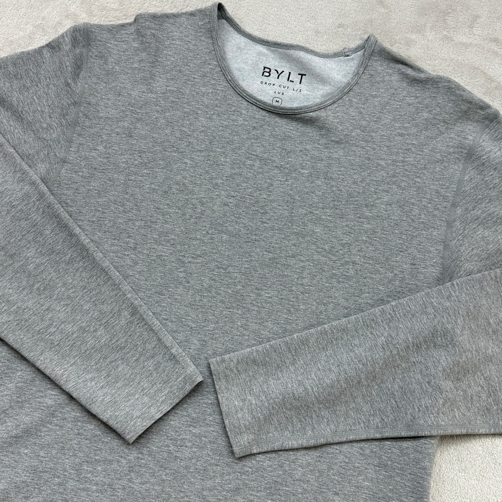 BYLT Drop Cut L/S Lux Men Medium Grey Heathered Curved Hem Shirt Stretch Fitted